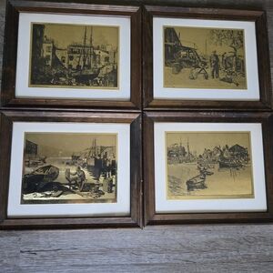 Vintage gold foil etchings by American actor and artist Lionel Barrymore